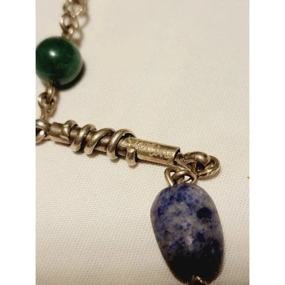 Vintage Sterling Silver Modernist Brutalist Beaded Stone Abstract Necklace 24in